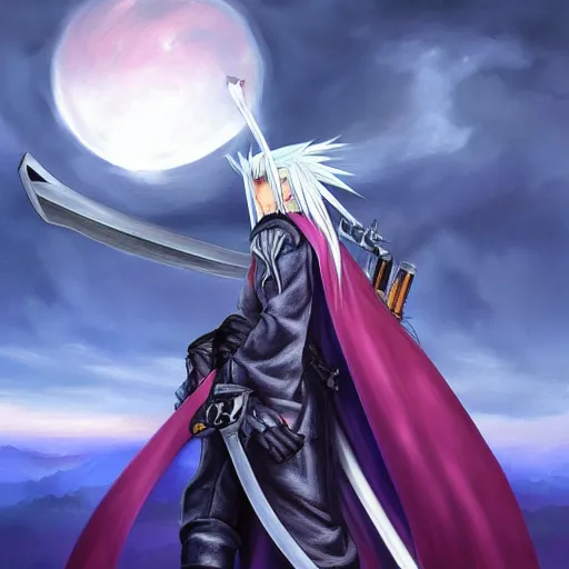 Prompt: painting of sephiroth from final fantasy 7!!!!!, watching a purple and orange sunset!!, from the black mage cemetery!!!, in the style of justin gerard!!!!