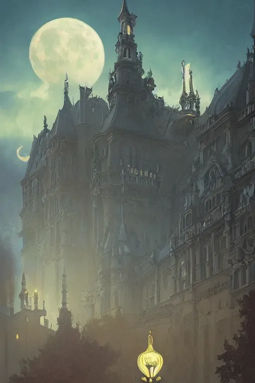 Prompt: fantasy, rococo palace, art deco style, cloud sky and moon night background, high detail, cinematic lighting, concept art, digital art, illustration, smooth, sharp focus, greg rutkowski, alphonse mucha, loish, wlop, trending on artstation, trending on deviantart