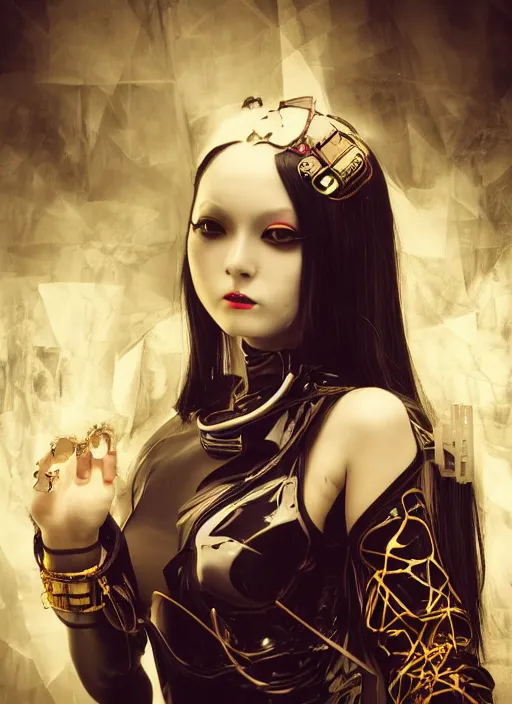 Image similar to portrait of a seductive cyberpunk latex geisha raver cyborg, modern fine art, golden ratio, dark fantasy, cyberpunk, octane render, fractal, in the style of ghosts in the machine, intricate ornaments, elegant, highly detailed, ornate, wlop