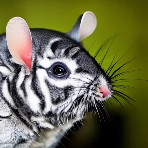 Prompt: a hybrid between a chinchilla and a tiger, photography, award winning, documentary, wildlife, national geographic channel, discovery channel, 8 k