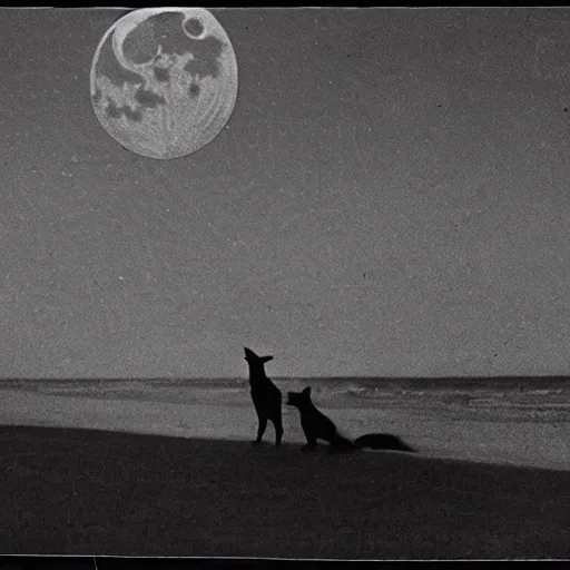 Image similar to an early 1 9 0 0 s photograph of an alien marking its extraterrestrial sigil on a black dog on the beach, moonlight, nighttime