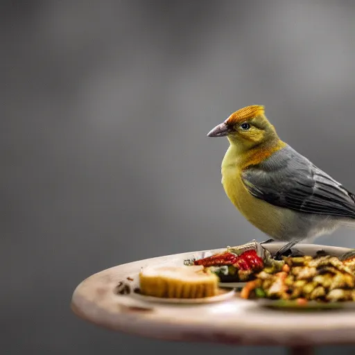 Prompt: birb eating food, XF IQ4, 150MP, 50mm, f/1.4, ISO 200, 1/160s, natural light, Adobe Photoshop, Adobe Lightroom, DxO Photolab, polarizing filter, Sense of Depth, AI enhanced, HDR