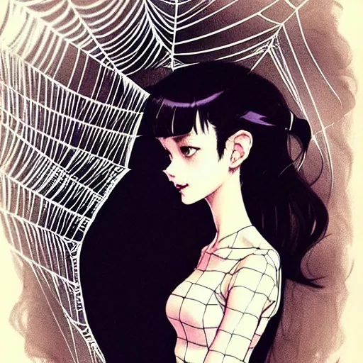 Image similar to portrait of an absurdly graceful, elegant, sophisticated, fashionably dressed, emo girl enveloped in spider web, by norman rockwell, range murata, pixar, studio ghibli, intricate line work, beautiful, trending on pinterest, artstation 8 k