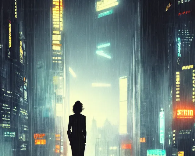 Image similar to a woman standing in front of a city at rainy night, cyberpunk bladerunner 1 9 8 2 art by ilya kuvshinov, cgsociety, retrofuturism, ilya kuvshinov, artstation hd, artstation hq