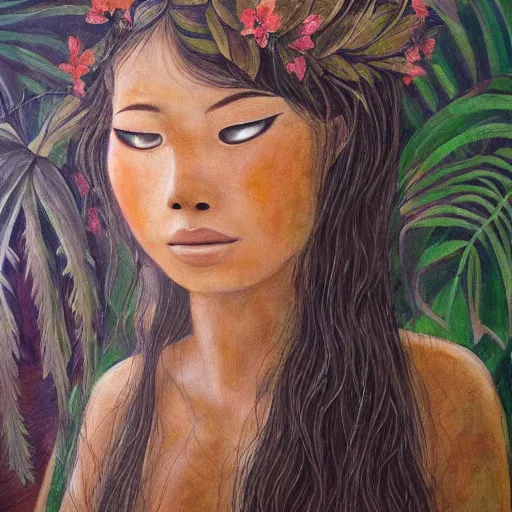 Image similar to a girl in a jungle with book, her hair flowing down, subtle, intricate details, real masterpiece, oil on canvas, by somsak anong