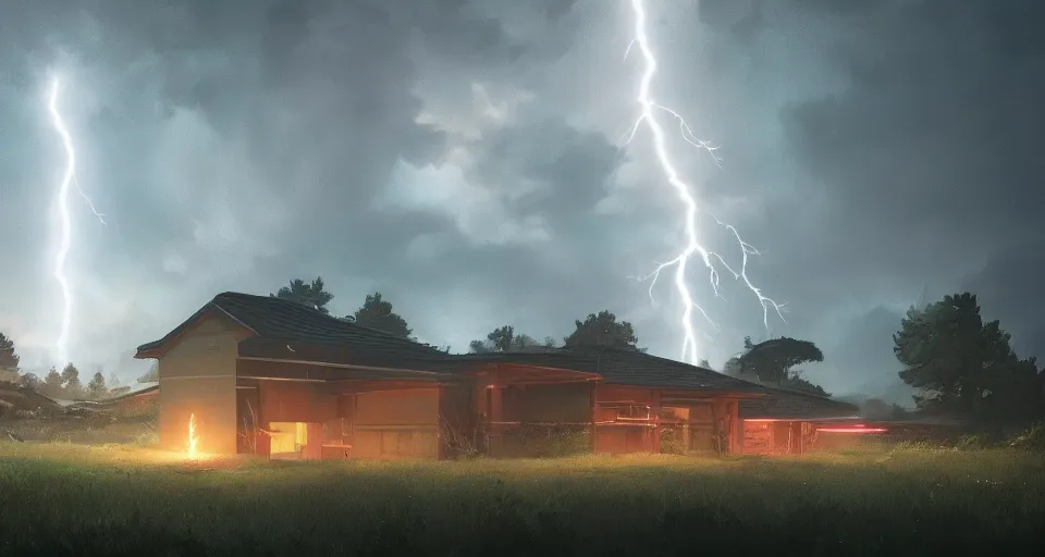 Image similar to Landscape with GIANT lightning bolt striking a Japanese house, center composition, cinematic, rendered by simon stålenhag, rendered by Beeple, Makoto Shinkai, syd meade, environment concept, digital art, starwars, unreal engine, 3 point perspective, WLOP, trending on artstation, low level, 4K UHD image, octane render,