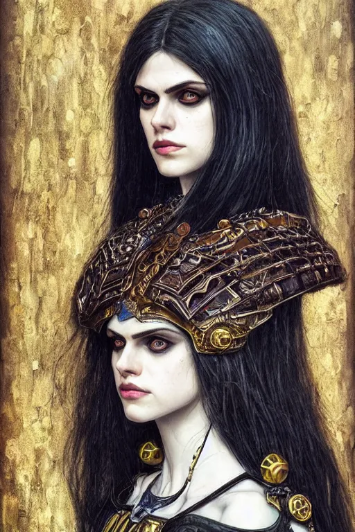 Image similar to portrait of beautiful gothic Alexandra Daddario, cyberpunk, Warhammer, highly detailed, artstation, illustration, art by Gustav Klimt