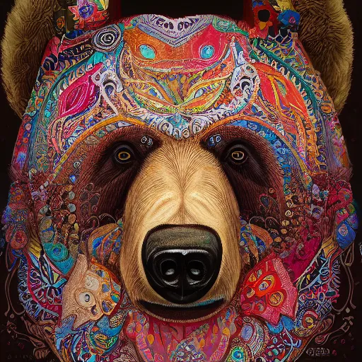 Image similar to a candid portrait of a bear wearing a paisley shirt, highly detailed, portrait painting, fairytale, fantasy, illustration by scott gustafson and art station