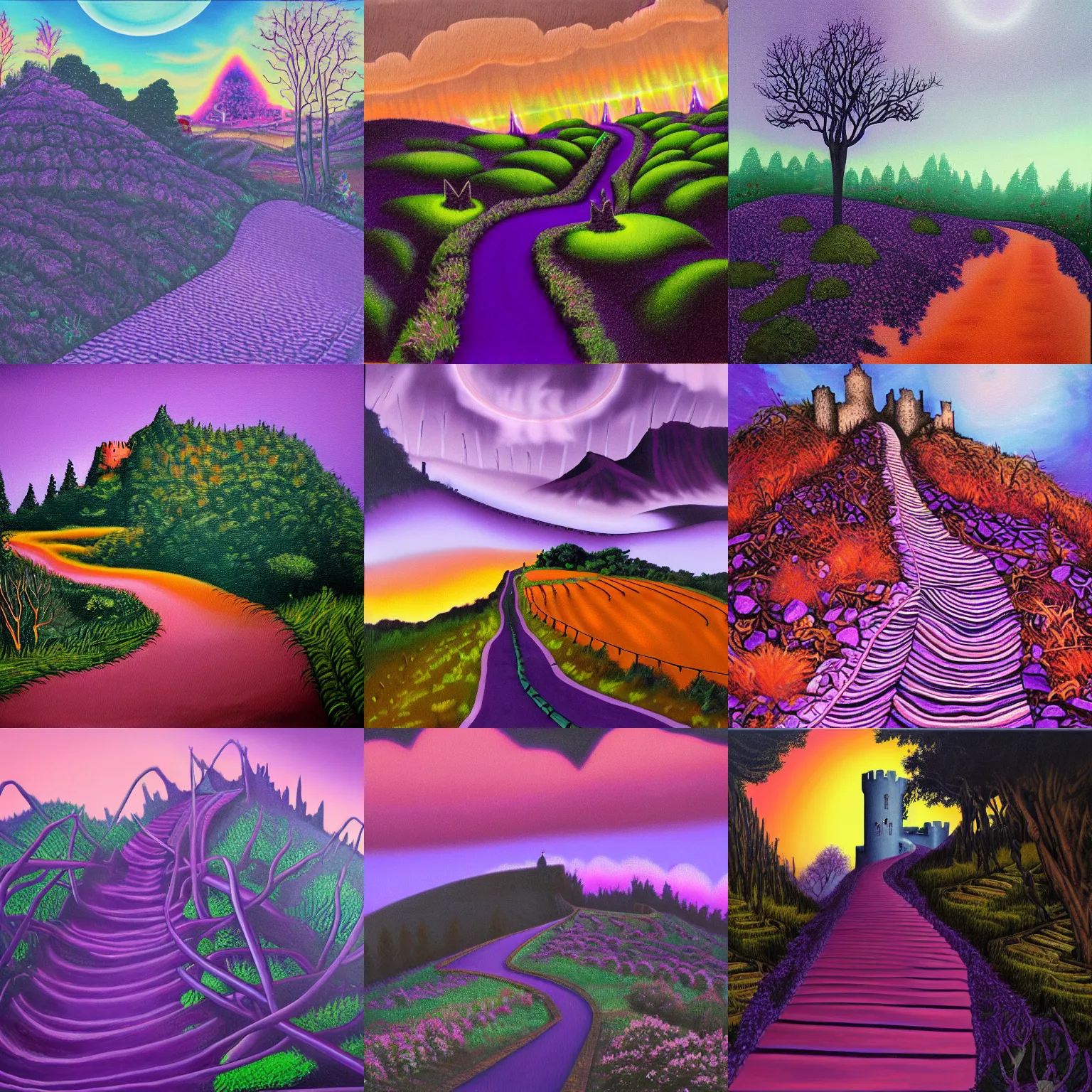 Image similar to oil painting of a dark purple steep and zig - zag path. a violet evil fantasy giger style castle over a high dark blue hill at night. orange to pink gradient sky and thunderstorm background. forest underneath. glowing wagon on the path