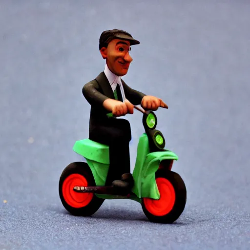 Image similar to a claymation figure of a man on a scooter