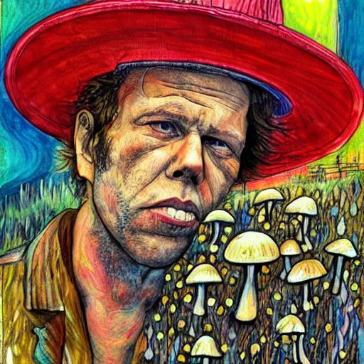 Image similar to tom waits in a world of mushrooms, by Stephen Bliss