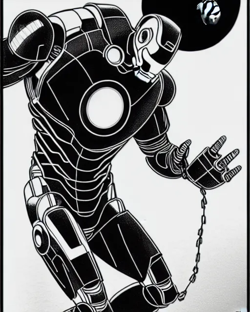 Image similar to black and white sad iron man with wires on hands on the destroed moon, iron man eat banana, wires earth background, by tsutomu nihei