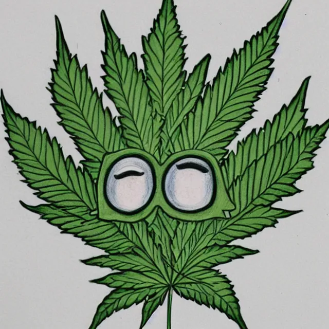 Image similar to cannabis leaf man with a face and arms and legs cartoon, colored pencil illustration