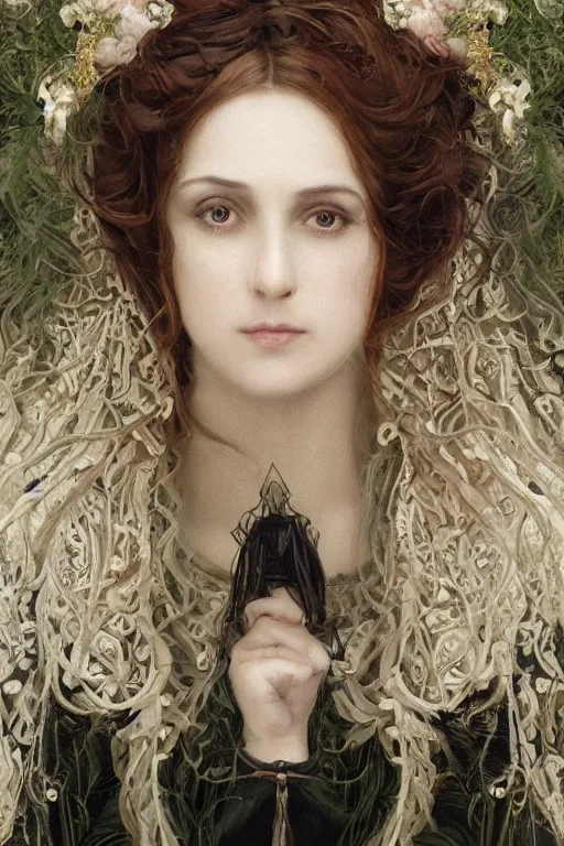 Prompt: An extremely beautiful pre-raphaelite ornate portrait of a very beautiful witch, ultradetailed, intricate, elegant, digital art painting, smooth, sharp focus, magazine art cover illustration, regal, award winning picture, extremely detailed masterpiece, sense of awe, featured on Artstation, Artgerm, ethereal bubbles, Aetherpunk, atmospheric lightning, Exquisite floral details, 8K detail post-processing