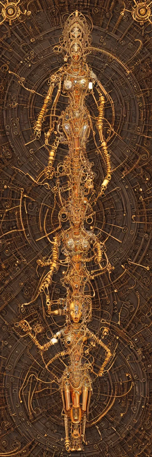 Prompt: seamless pattern of steampunk cybernetic biomechanical hindu goddess dugra, 3 d model, very coherent symmetrical artwork, unreal engine realistic render, 8 k, micro detail, gold and steel intricate, elegant, highly detailed, digital painting, artstation, smooth, sharp focus, illustration, artgerm, tomasz alen kopera, wlop