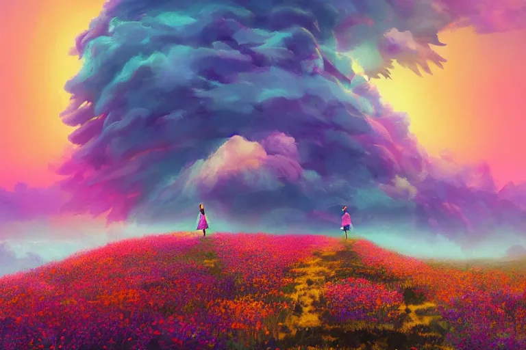 Image similar to giant dahlia flower crown under head, girl walking on mountain, surreal photography, colorful storm clouds, dramatic sunset, impressionist painting, digital painting, artstation, simon stalenhag