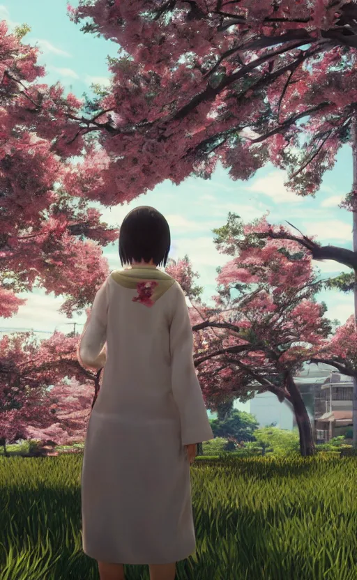 Image similar to anime style, gta 5, panoramic view of girl, yukata clothing, sakura tree in background, short hair, hair down, symmetrical facial features, from arknights, hyper realistic, extreme detail, volumetric lights, 4 k drawing, safebooru, realistic lighting, by alphonse mucha, greg rutkowski, sharp focus, backlit