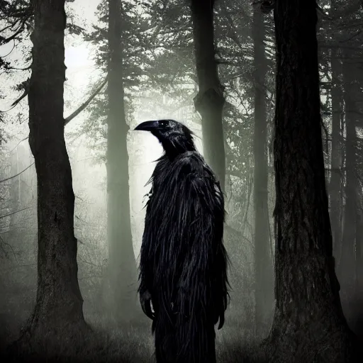 Image similar to werecreature consisting of a crow and a human, featured on artstation, photograph captured in a dark forest