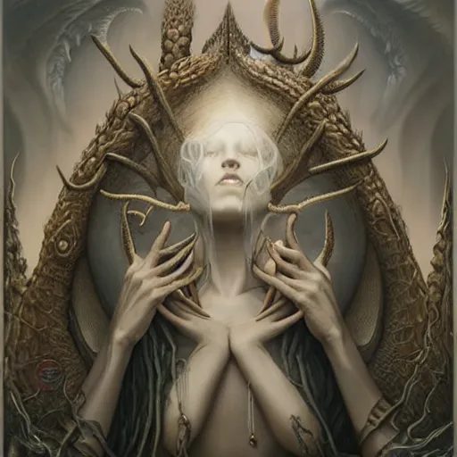 Image similar to by Tom Bagshaw, ultra realist soft painting of lovecraft universe of curiosities, single female Cthulhu mutation in ornated gothic armor, partial symmetry accurate features, very intricate details, focus, curvy, award winning, ultra dense fog