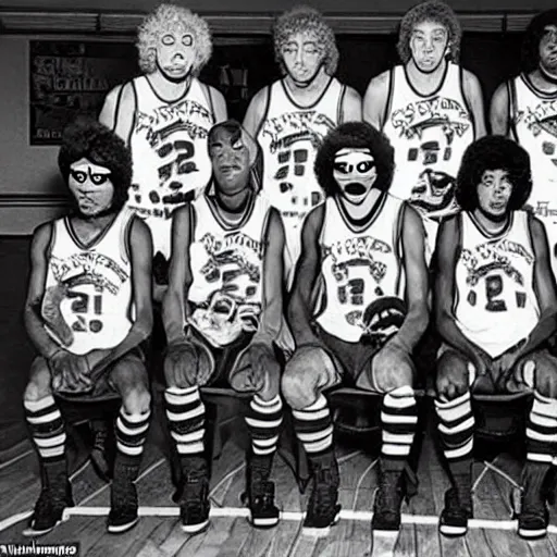 Image similar to a basketball team of einstein lookalikes dressed as the teenage mutant ninja turtles posing for a team photo in 1976