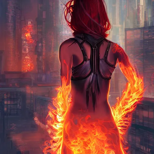 Prompt: beautiful young woman from behind with flames coming out of hands flying in a cyberpunk city, very detailed, realistic, symmetrical face, art by digital painting,