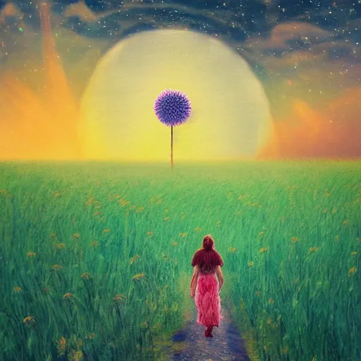 Image similar to giant daisy flower as a head, girl walking in wheat field, hills, surreal photography, moon light, dark night, star trails, dramatic light, impressionist painting, clouds, digital painting, artstation, simon stalenhag