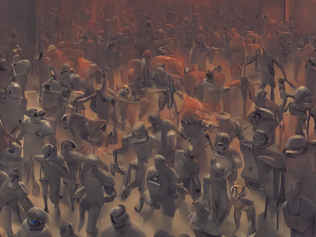 Image similar to authoritarian robot cops herd young men into security cells in a fascist police state, art by manuel sanjuian and george tooker and james paick, cinematic, spooky science fiction, digital illustration, 8 k resolution, hyperrealism