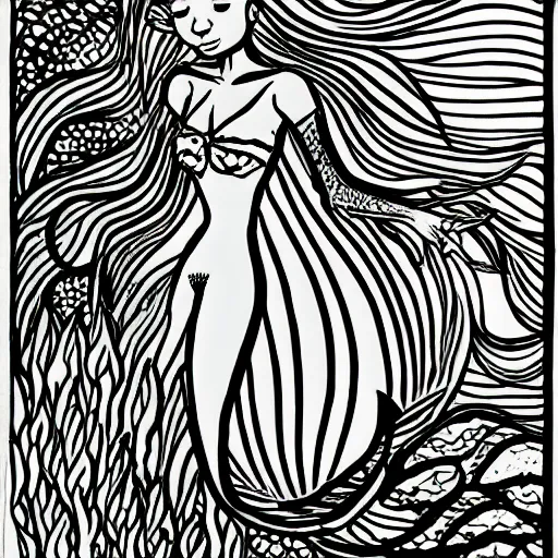 Prompt: Drawing for kids of a mermaid in the sea, line Art