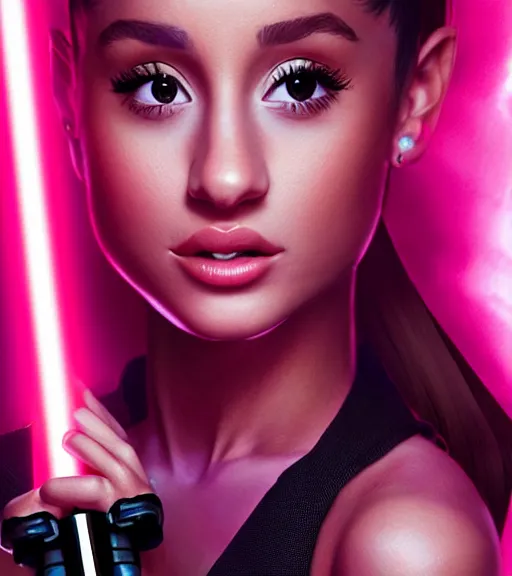 Image similar to A hyper realistic photo of Ariana Grande in the Star Wars universe with two pink lightsabers held in each hand, action pose. Maximum detail on artstation, photo realism, vivd details, vivd colour