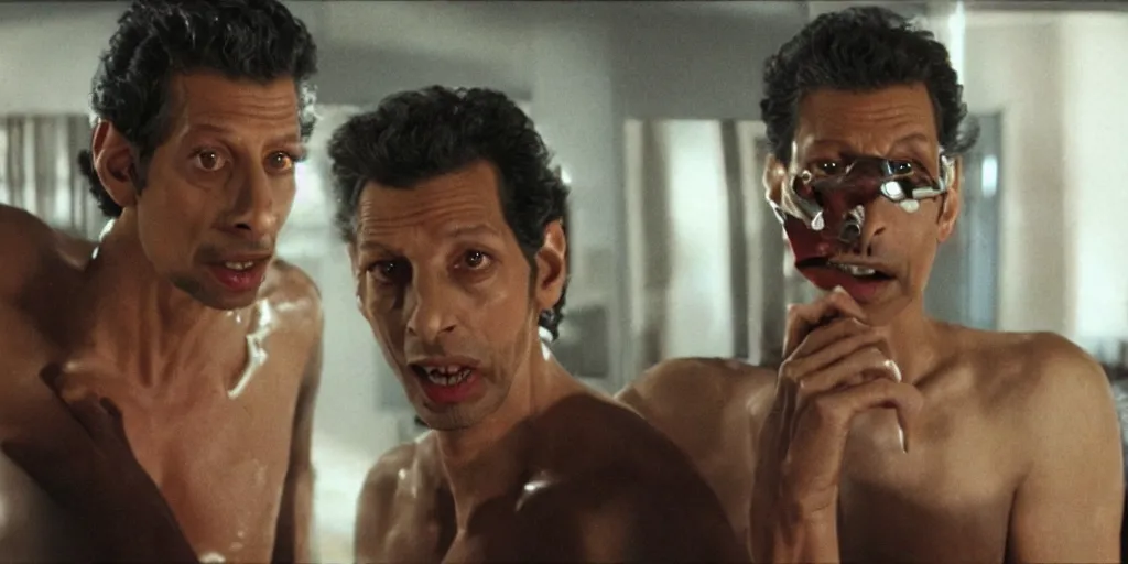 Image similar to ultra wide angle photo of jeff goldblum dressed as seth brundle is looking at himself in a bathroom mirror and seeing his reflection as the fly, a mutated insect version of jeff goldblum