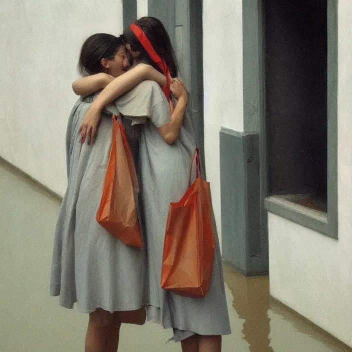 Prompt: two women hugging with a paper bag over the head dressed in plastic bags on flooded streets, highly detailed, artstation, art by, , edward hopper, Zdzislaw Beksinski, highly detailed