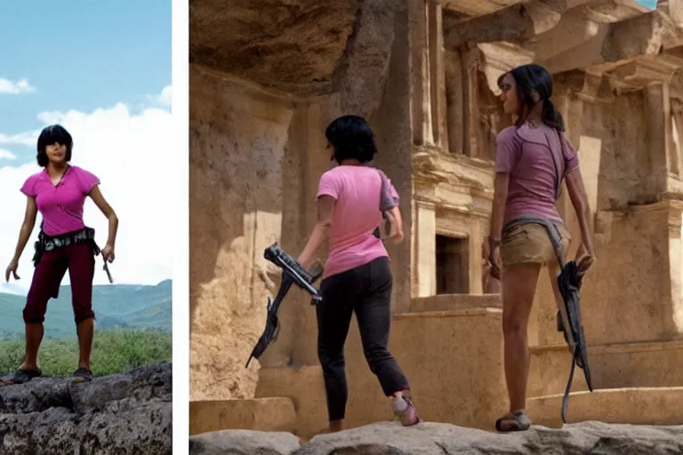 Image similar to Isabela Merced as Dora the Explorer wearing a pink shirt vs Angelina Jolie as Lara Croft wearing a white shirt standing in an ancient temple, high resolution movie still, film by Simon West