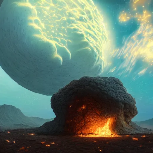 Image similar to Digital art of a meteorite containing an insect hive burning up in the atmosphere, Wayne Barlowe, Mike Winkelmann, Jessica Rossier 4k prehistoric geology space hubble