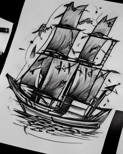 Prompt: A tattoo design sketch of a pirate ship, on paper, black and white, highly detailed, realistic tattoo, trending on pinterest