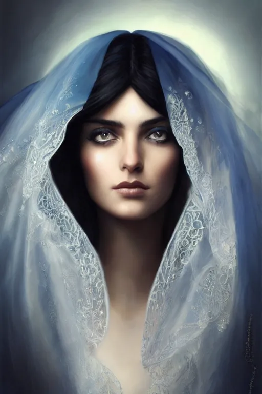 Image similar to Ameera al-Taweel, blue eyes, long wavy black hair, white veil, closeup, focus face, elegant, highly detailed, centered, digital painting, artstation, concept art by tom bagshaw