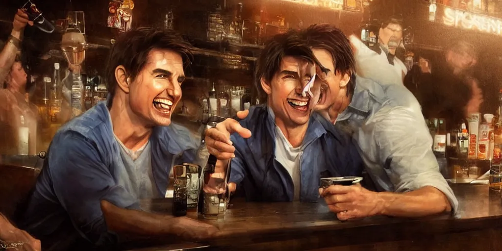 Image similar to hyper realistic tom cruise hanging out with tom cruise at a bar, all overly excited, jaw unhinged with laughter and smiling, all teeth, by greg rutkowski, scott m fischer, artgerm, loish, slight glow, atmospheric, anne stokes, alexandros pyromallis