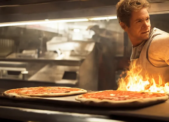 Image similar to film still of a dinosaur working in a pizza parlor making pizza in the new Avengers movie, 4k