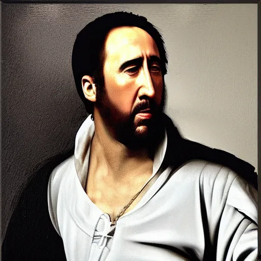 Prompt: paint portrait on canvas ofnicolas cage caravaggio style 4 k