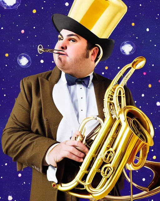 Image similar to photorealistic studio portrait of ian karmel playing a french horn, wearing a top hat, with a space background