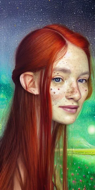 Image similar to infp young woman, smiling amazed, golden fireflies lights, sitting in the midst of nature fully covered, long loose red hair, intricate linework, bright accurate green eyes, small nose with freckles, oval shape face, realistic, expressive emotions, dramatic lights spiritual scene, hyper realistic ultrafine art by michael cheval, jessica rossier, boris vallejo