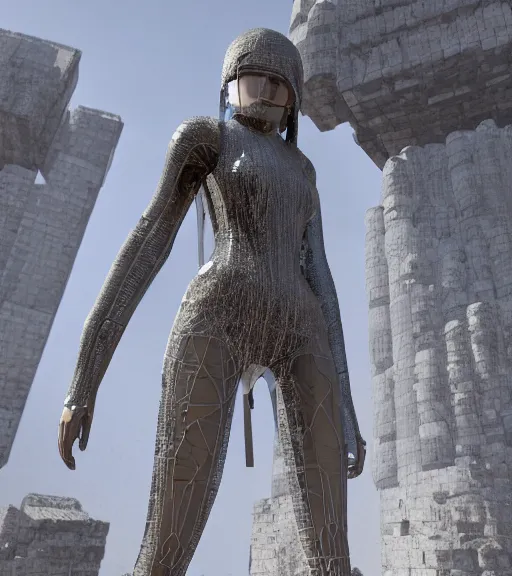 Image similar to tarkovsky greatest scene, the ancient destroyed majestic tower of babylon, a woman near the camera in futuristic cyber clothing, transparent puffer jacket, hyper realistic, blockchain, virtual self, ambient lighting, concept art, intricate, hyper - detailed, smooth, dynamic volumetric lighting, unreal engine 5, ray trace, cinematic, high quality, high resolution, 4 k, cgsociety