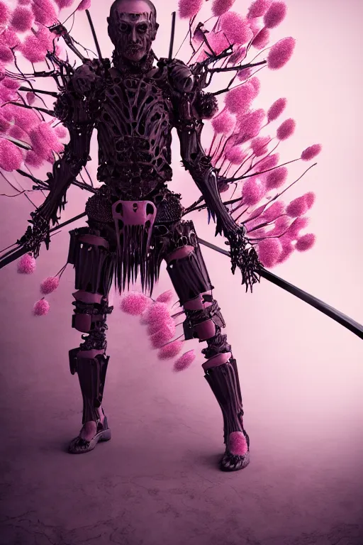 Image similar to hyperrealistic neo - gothic muscular human demon hybrid, exoskeleton armor, holding katana, field of pink flowers, highly detailed digital art masterpiece, vitaly bulgarov dramatic dark teal light, ground angle hd 8 k, sharp focus