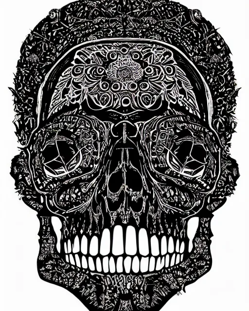 Image similar to an intricate exploding skull, screen print, art by Gustavo Bernal, Garavato