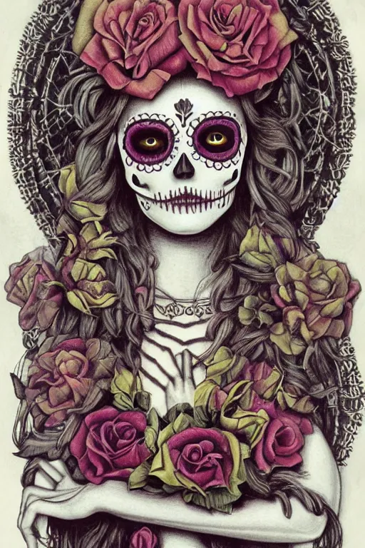 Image similar to Illustration of a sugar skull day of the dead girl, art by evelyn de morgan