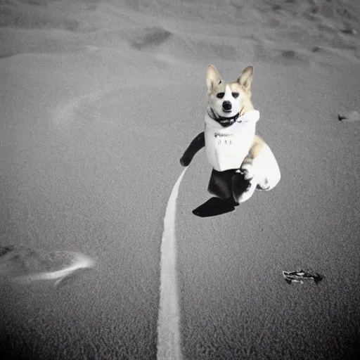 Image similar to corgi moon landing, vintage photograph by david lynch