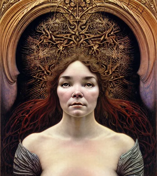 Image similar to detailed realistic beautiful young medieval bjork face portrait by jean delville, gustave dore and marco mazzoni, art nouveau, symbolist, visionary, gothic, pre - raphaelite. horizontal symmetry by zdzisław beksinski, iris van herpen, raymond swanland and alphonse mucha. highly detailed, hyper - real, beautiful