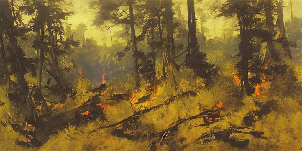 Image similar to forest fire artwork by eugene von guerard, john singer sargent