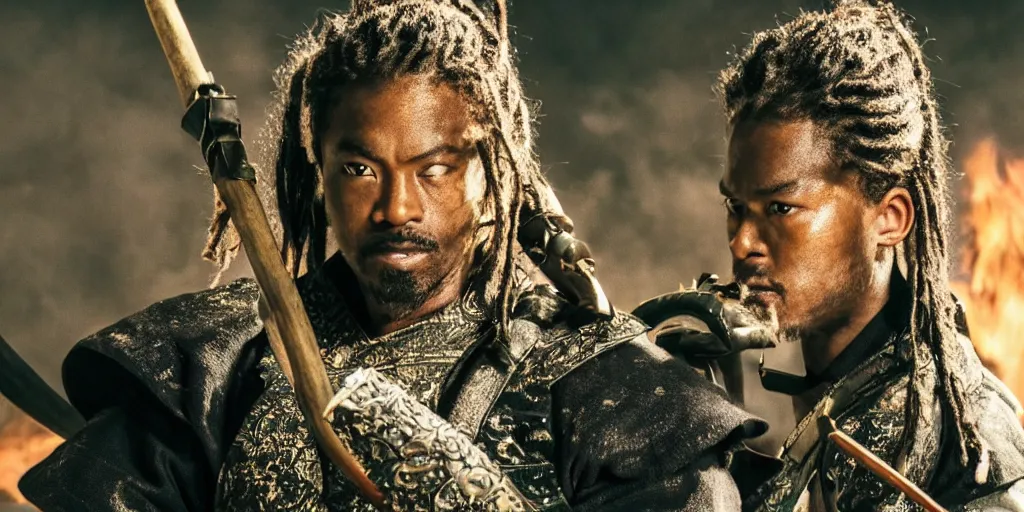 Image similar to a film still of a black man starring in a japanese blockbuster film as samurai on fire, shallow depth of field, cinematic, award winning cgi, vfx, film still
