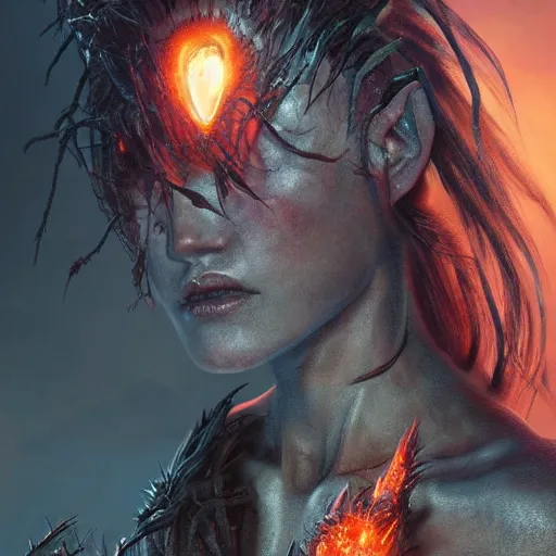 Prompt: sorceress with spider legs and spiky hair, volcano, ultra realistic, concept art, intricate details, eerie, highly detailed, photorealistic, octane render, 8k, unreal engine. art by Artgerm and Greg Rutkowski