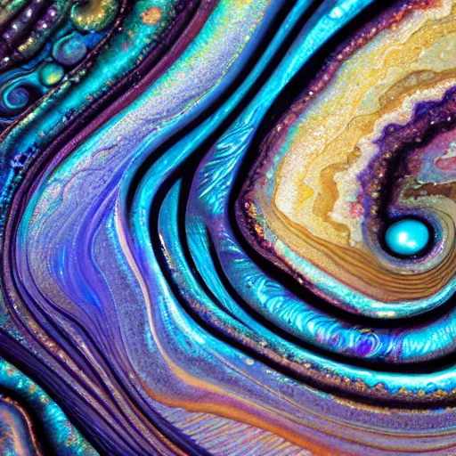 Prompt: Art Nouveau cresting oil slick waves, hyperdetailed bubbles in a shiny iridescent oil slick wave, ammolite, detailed giant opalized ammonite shell, black opal, abalone, paua shell, ornate copper patina medieval ornament, rococo, oganic rippling spirals, octane render, 8k 3D, cresting waves and seafoam